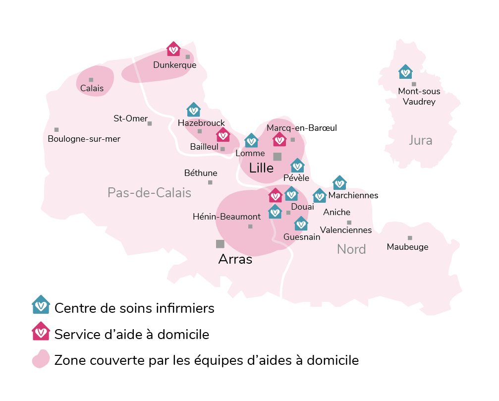 Zone d'intervention de Vivat, centre de soins et aide a domicile